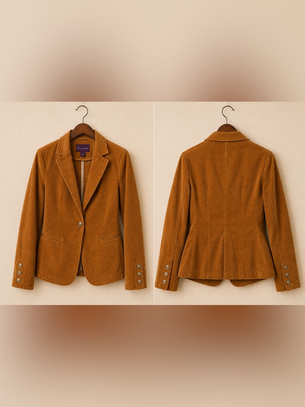 Vintage Gloria Vanderbilt Corduroy Blazer Camel Preppy Brown Stretch Jacket S - Picture 6 of 17